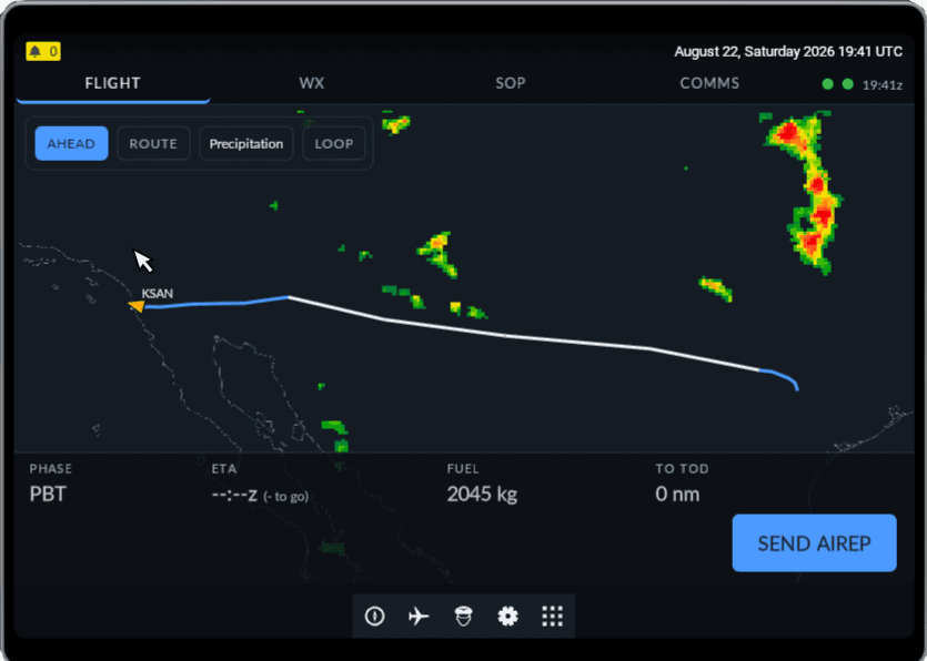 ACARS EFB route map and precipitation