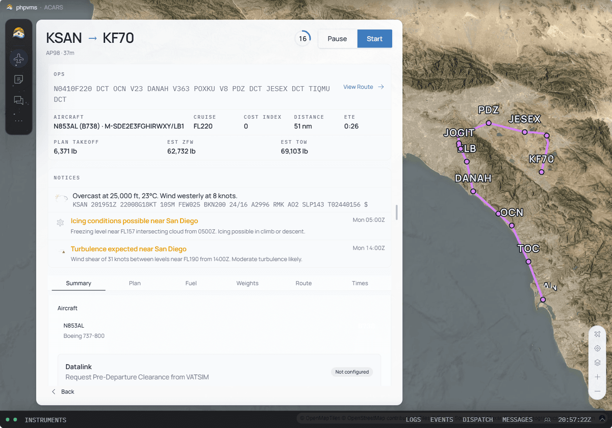 ACARS flight planning page showing the route, weather, and aircraft details